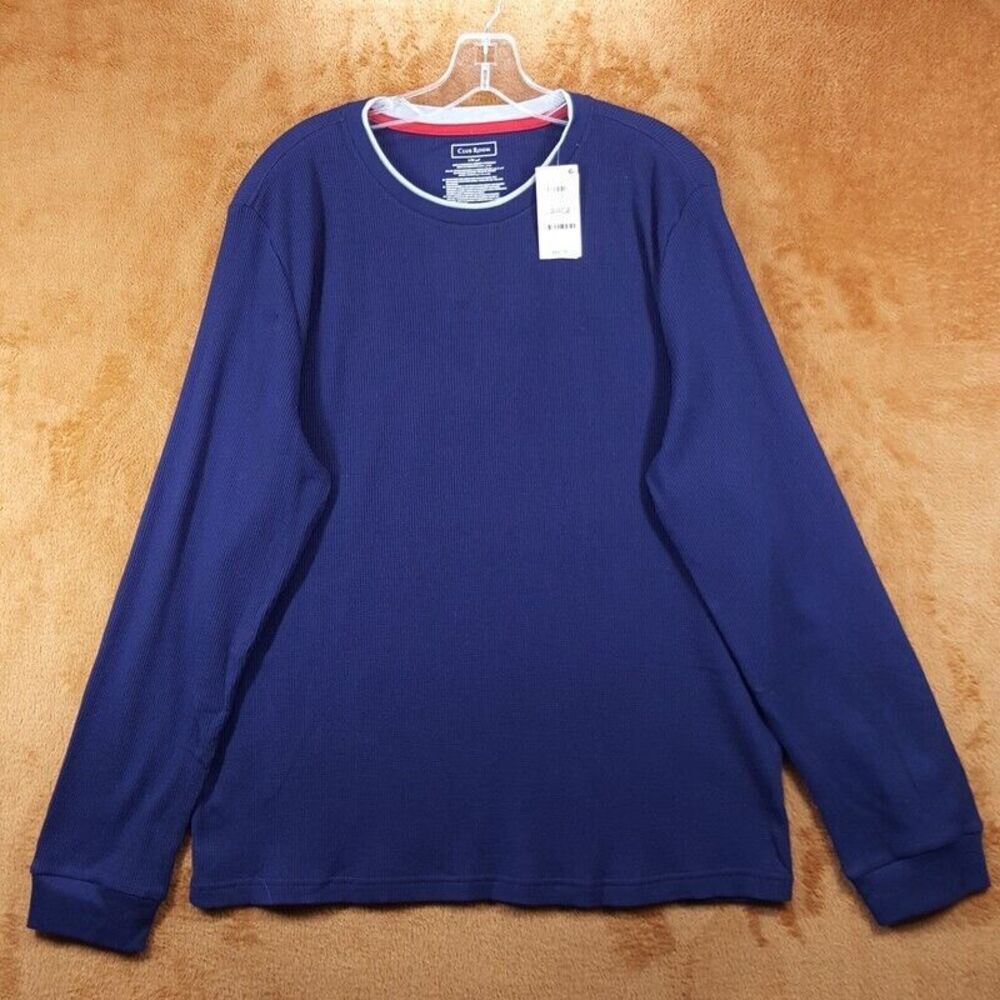 CLUB ROOM Shirt Mens Large Blue Pullover Crew Waffle Knit Thermal Long Sleeve